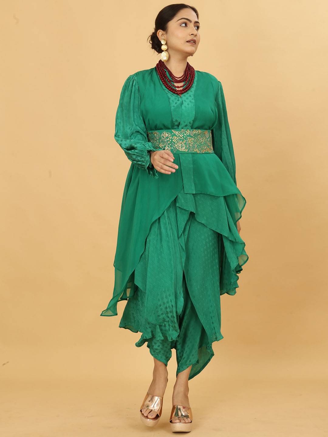 

POSHAAK BY RADHEE MANGUKIYA Woven Design Beads & Stones Layered Kurta With Dhoti Pants, Green