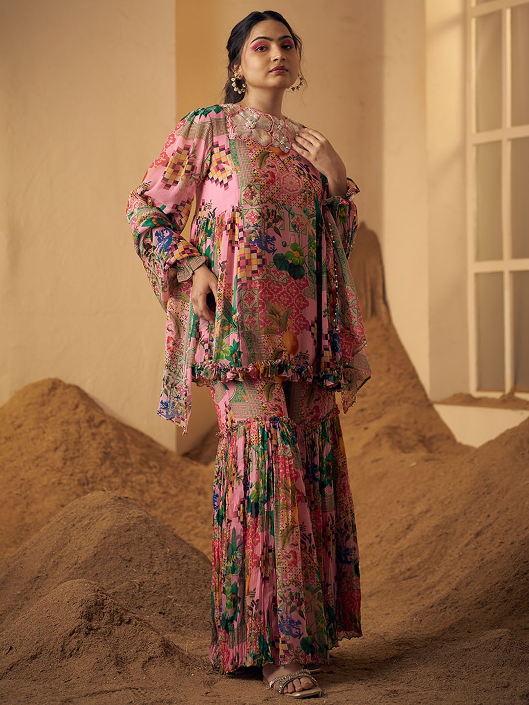 

POSHAAK BY RADHEE MANGUKIYA Printed Sequinned Georgette Kurti With Sharara & Dupatta, Pink