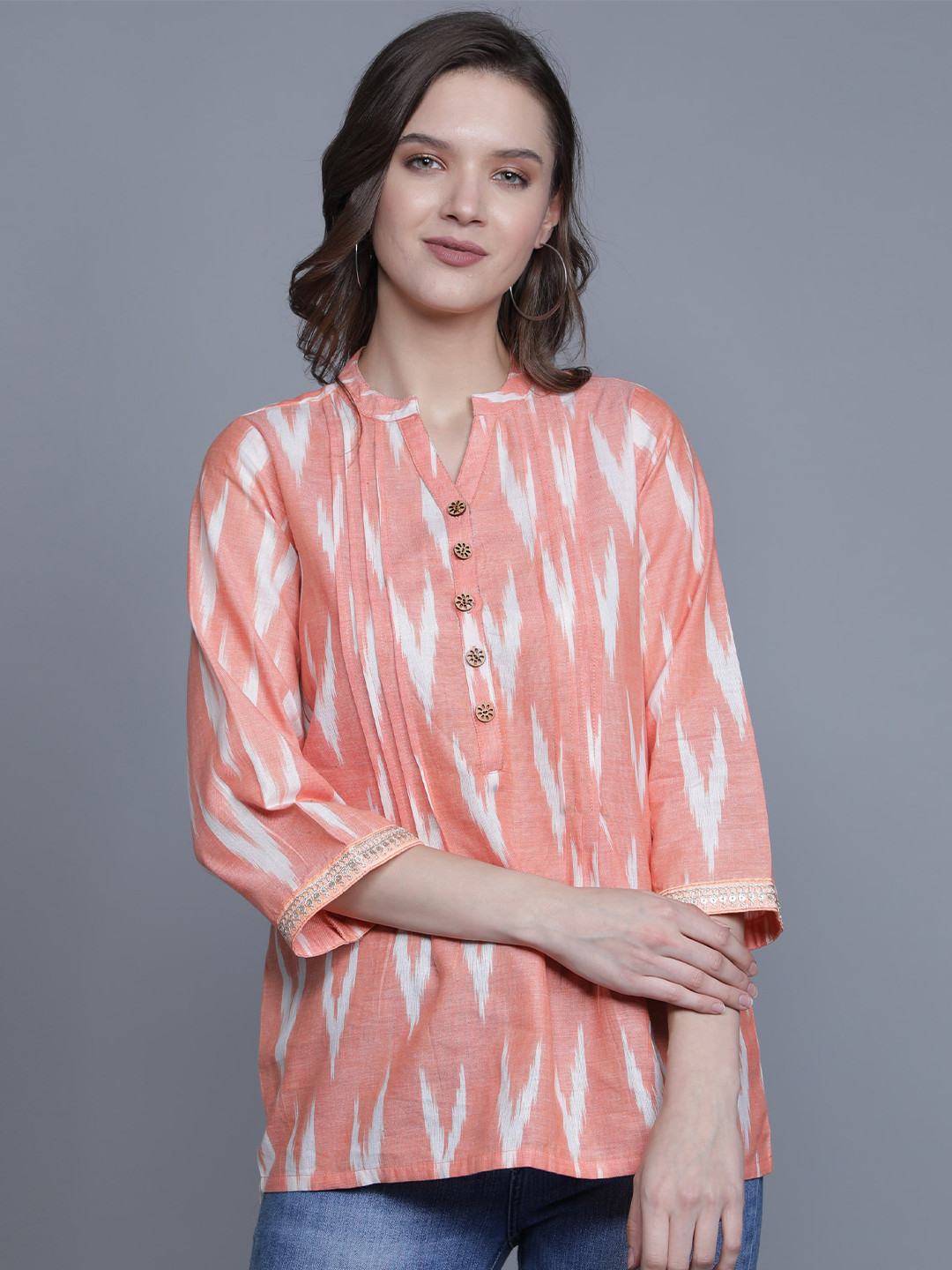 

Cot'N Soft Abstract Woven Design Mandarin Collar Pure Cotton Dobby Weave Ikat A-Line Kurti, Orange