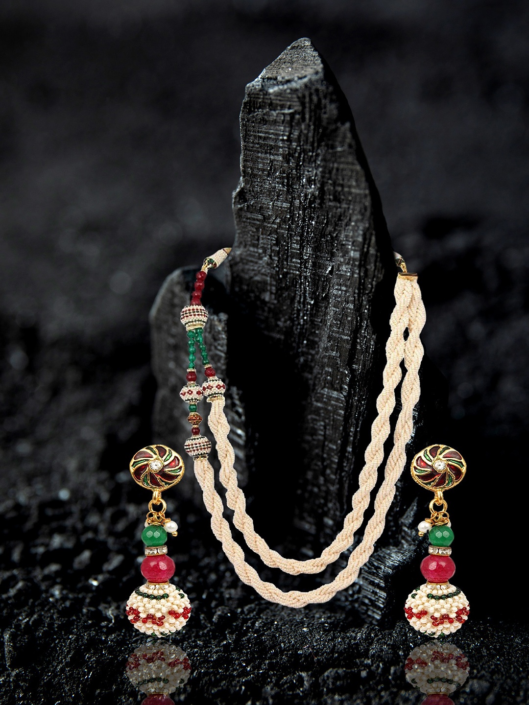 

Adwitiya Collection 24CT Gold-Plated Stone-Studded & Pearl Beaded Jewellery Set