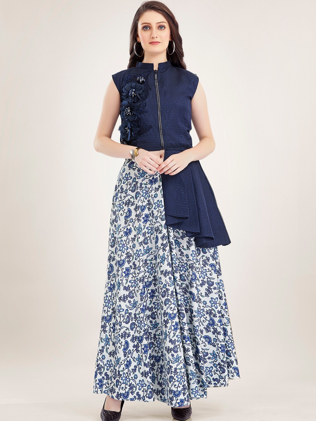 

TWAM SUNDARA Printed Patchwork Detail Ready to Wear Lehenga & Choli, Blue