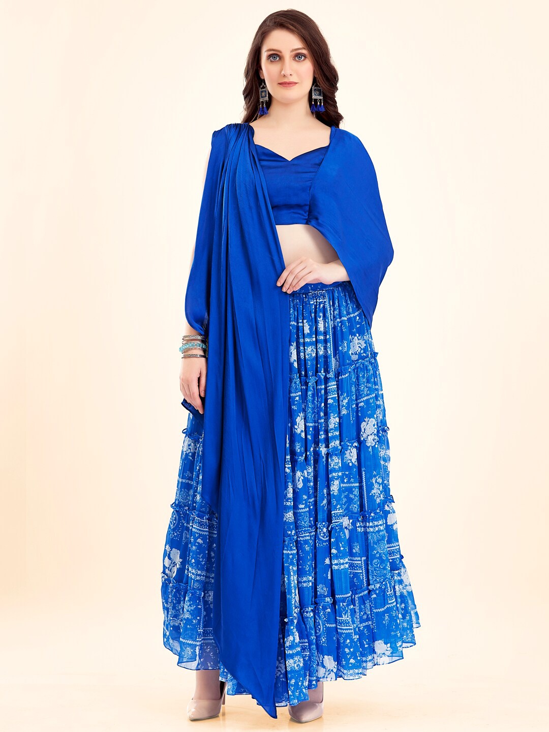 

TWAM SUNDARA Printed Ready to Wear Lehenga & Blouse With Attached Dupatta, Blue