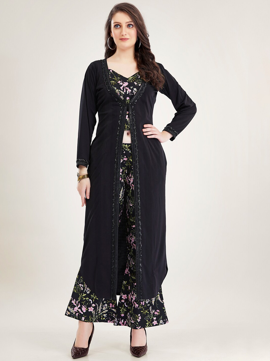 

TWAM SUNDARA Floral Printed Top With Palazzos & Shrug, Black