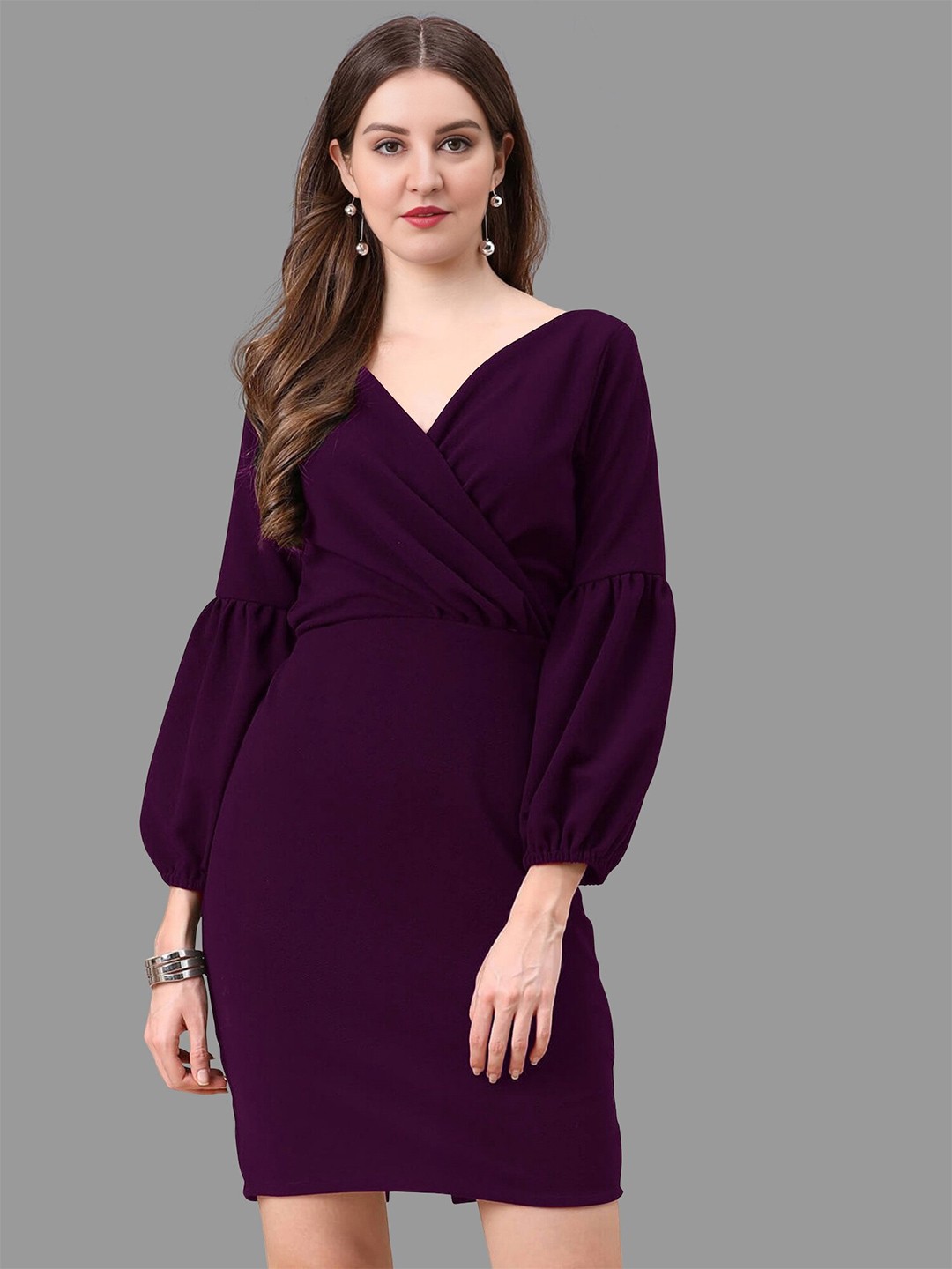 

BAESD V-Neck Puff Sleeves Pleated Detail Bodycon Dress, Purple
