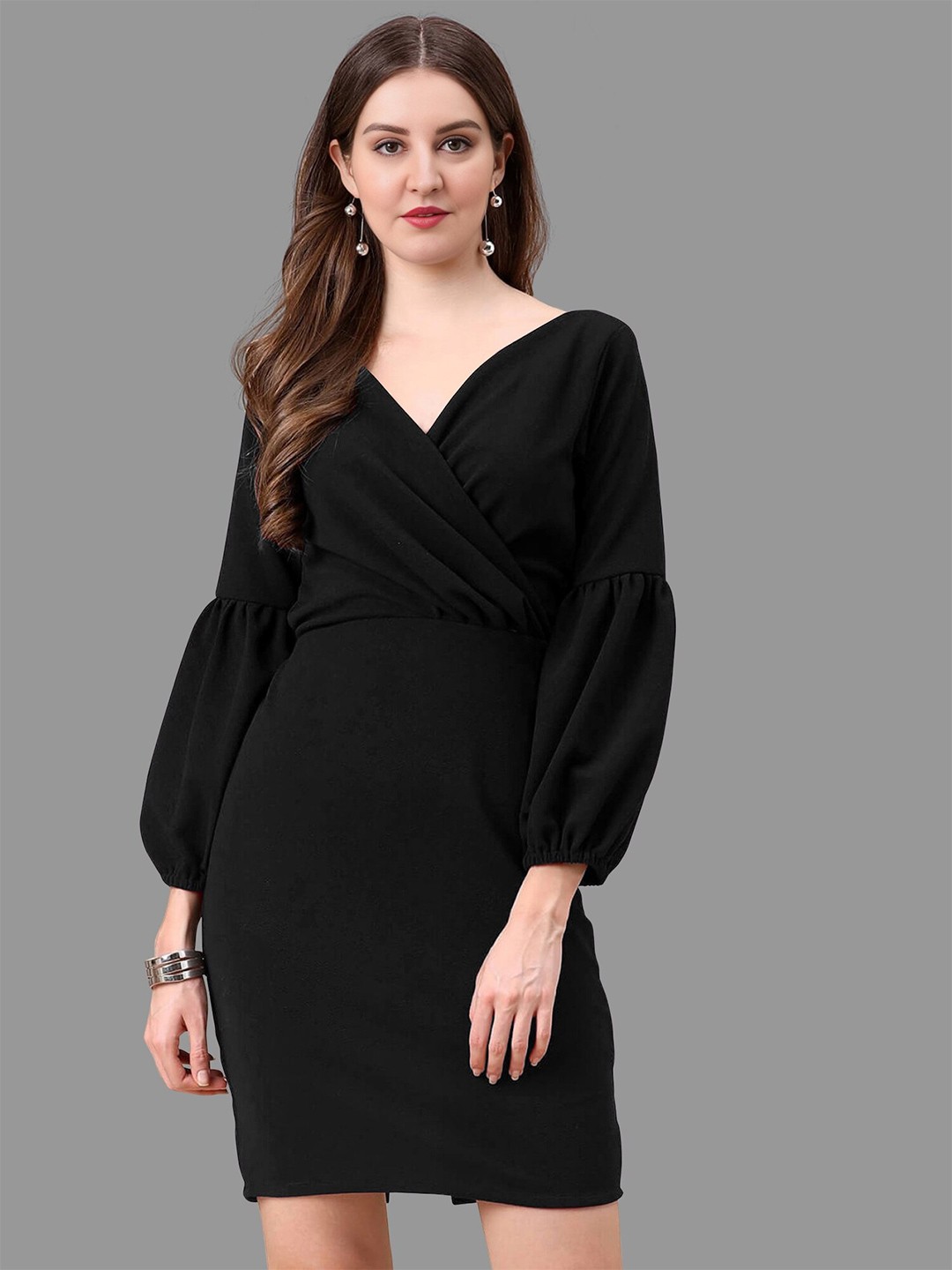 

BAESD V-Neck Puff Sleeves Pleated Detail Bodycon Dress, Black