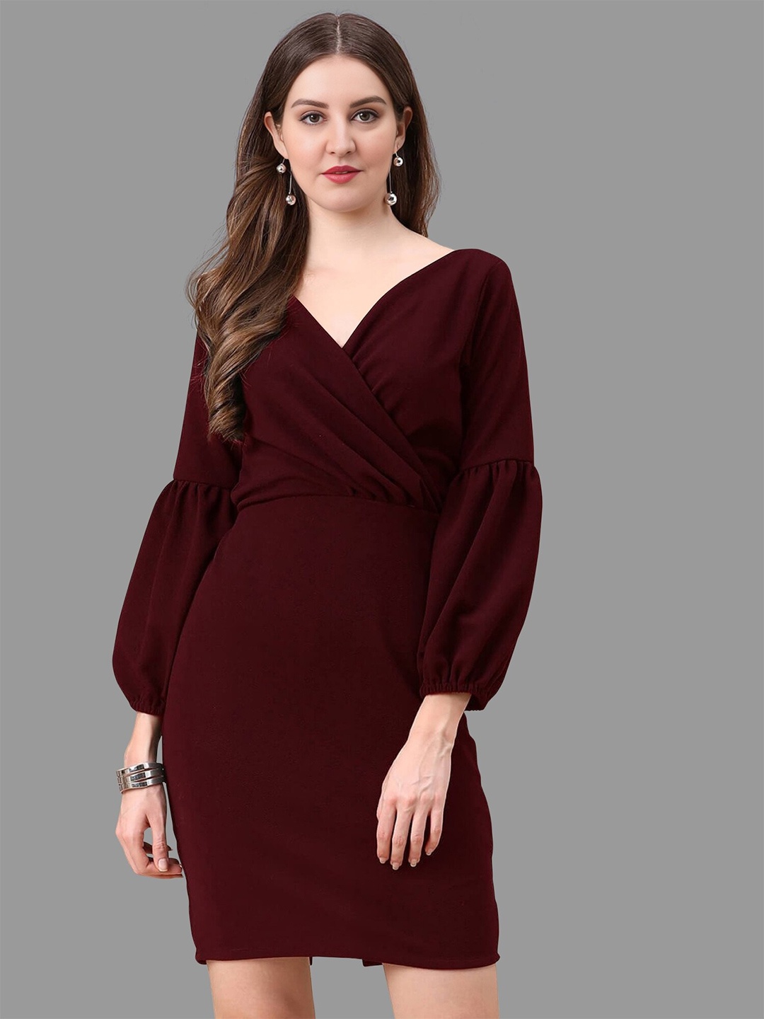 

BAESD V-Neck Puff Sleeves Pleated Detail Bodycon Dress, Maroon