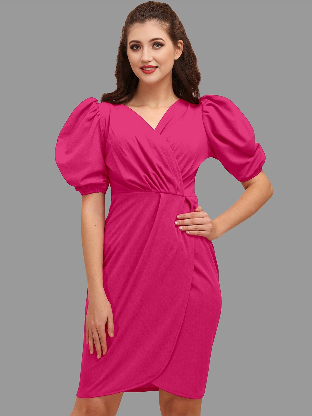 

BAESD V-Neck Puff Sleeves Gathered or Pleated Detail Wrap Dress, Pink