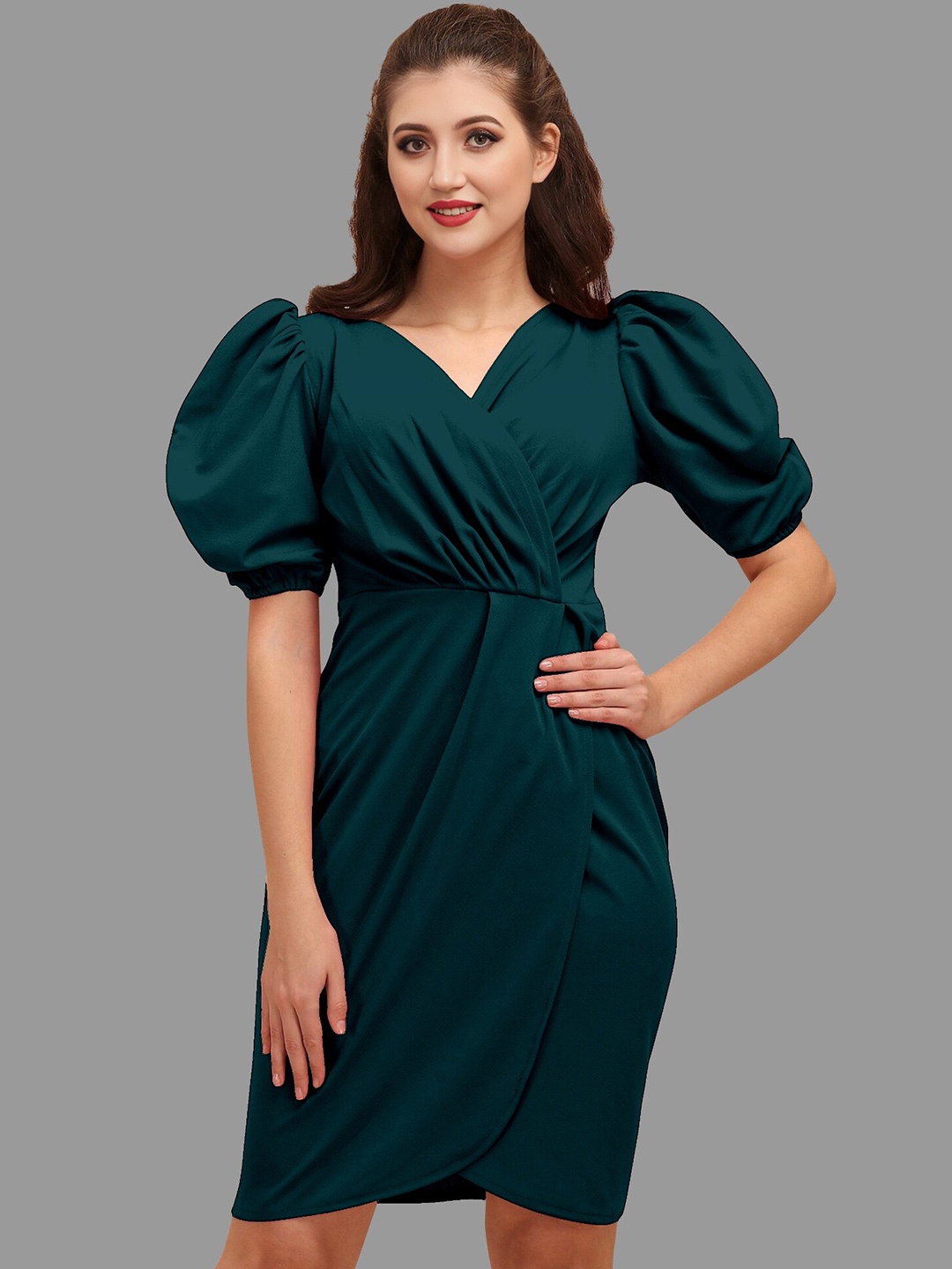 

BAESD V-Neck Puff Sleeves Gathered or Pleated Detail Wrap Dress, Teal