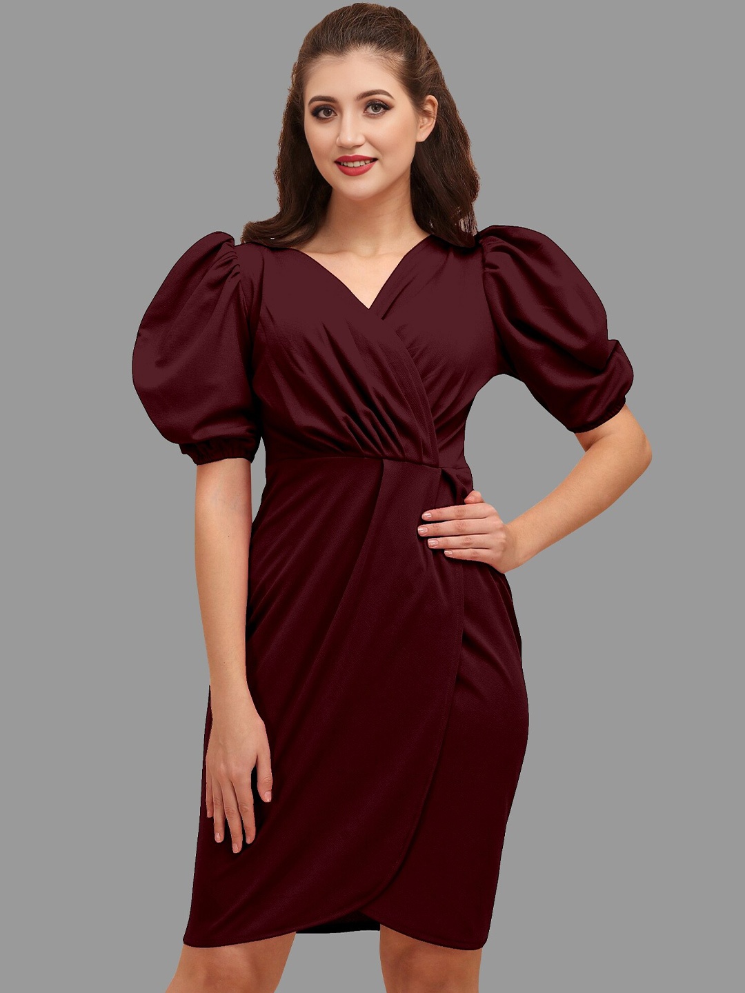 

BAESD V-Neck Puff Sleeves Gathered or Pleated Detail Wrap Dress, Maroon