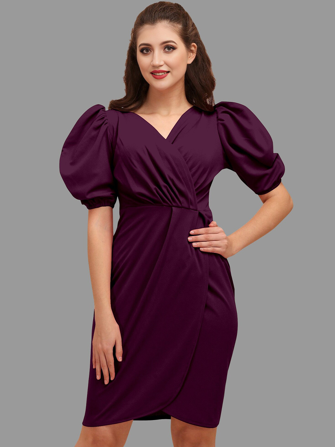 

BAESD V-Neck Puff Sleeves Gathered or Pleated Detail Wrap Dress, Purple