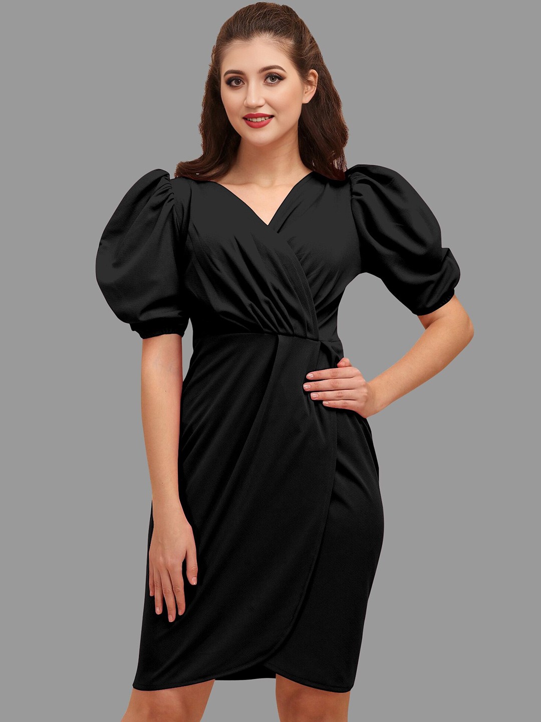 

BAESD Puffed Sleeves Tulip Wrap Dress, Black