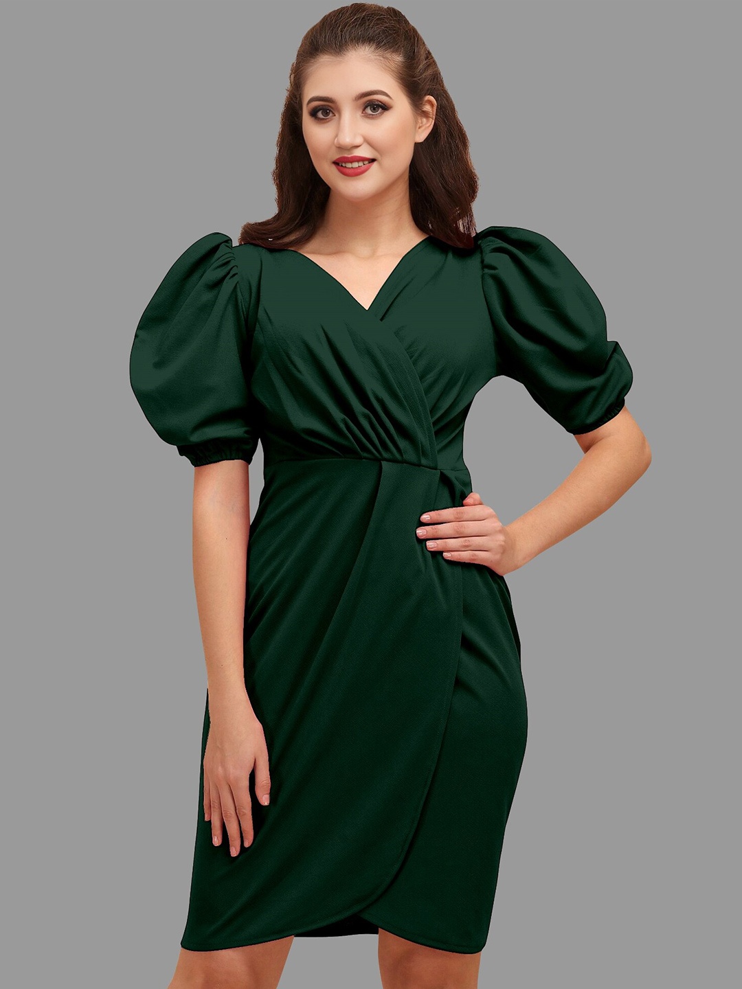 

BAESD Puffed Sleeves Tulip Wrap Dress, Green