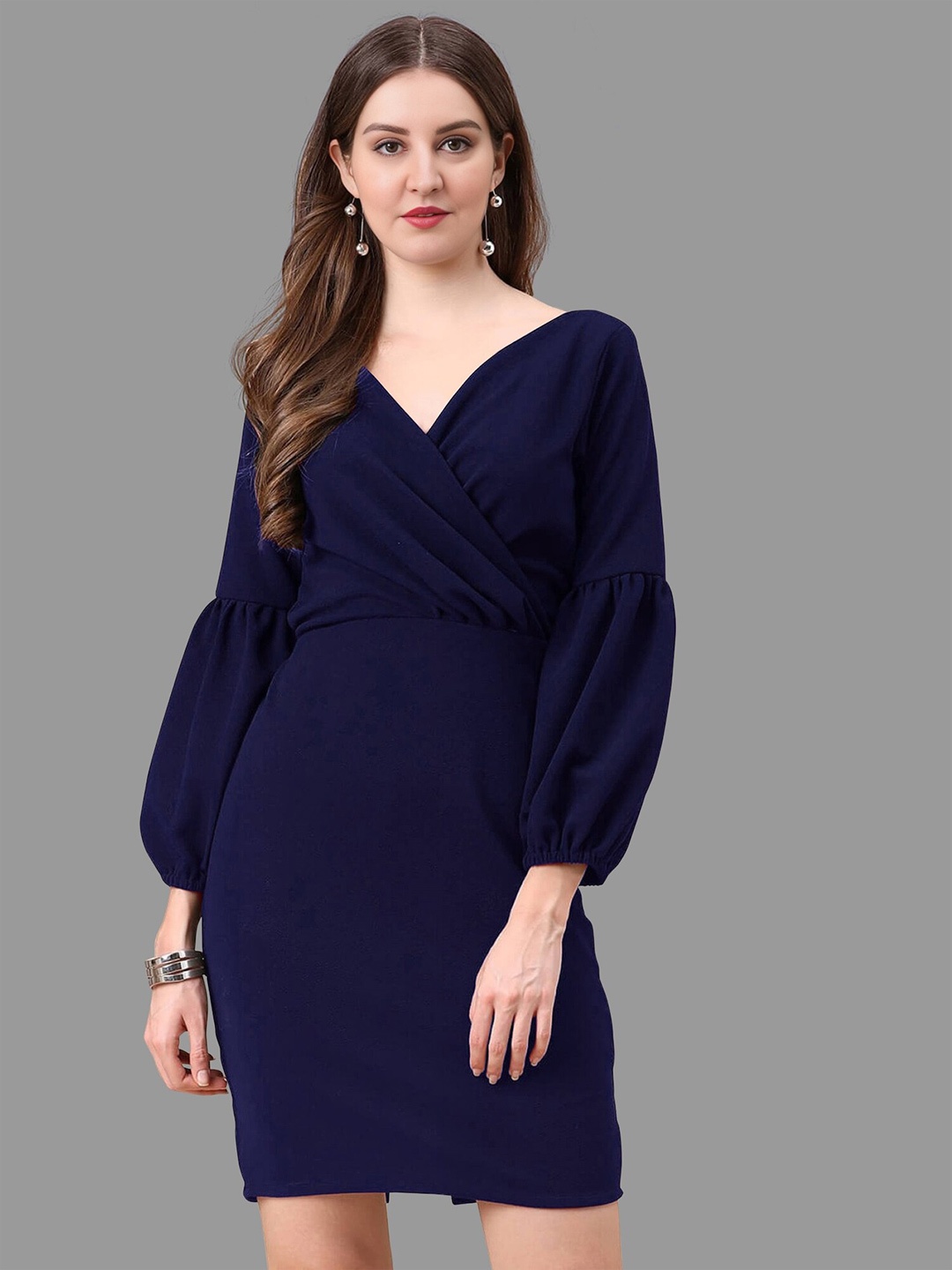 

BAESD Puffed Sleeves Wrap Dress, Blue
