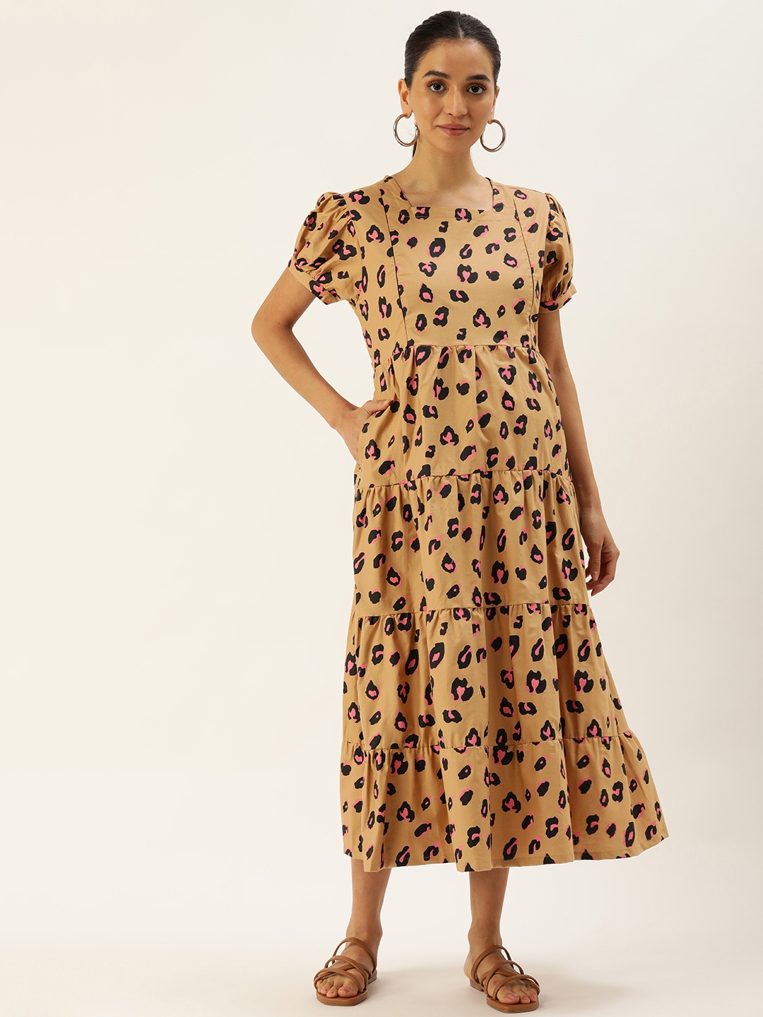 

Nejo Animal Print Puff Sleeves Maternity Pure Cotton A-Line Midi Dress, Brown