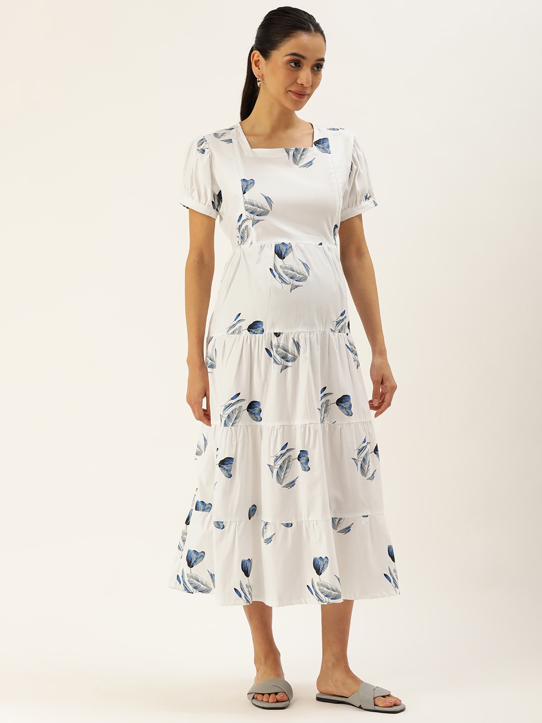 

Nejo Floral Print Puff Sleeves Pure Cotton Maternity A-Line Midi Dress, White