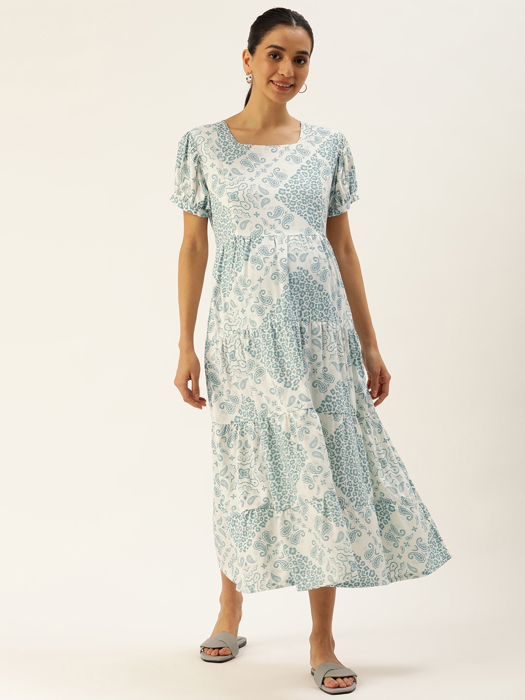 

Nejo Ethnic Motifs Print Puff Sleeves Pure Cotton Maternity A-Line Midi Dress, White