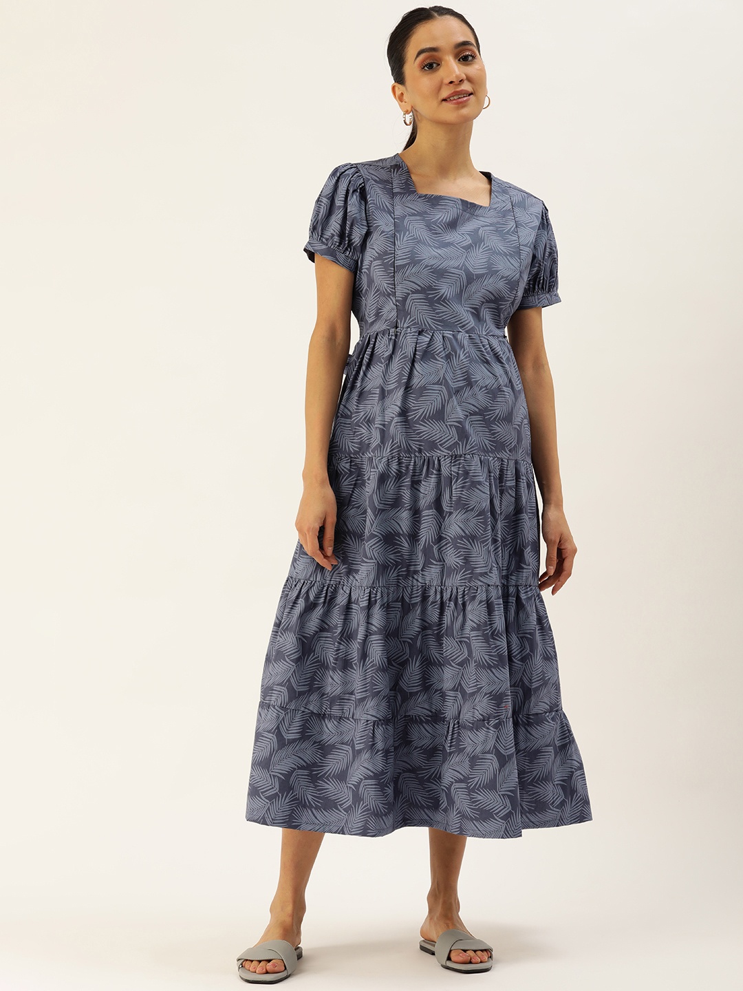 

Nejo Floral Print Puff Sleeves Pure Cotton Maternity A-Line Midi Dress, Navy blue