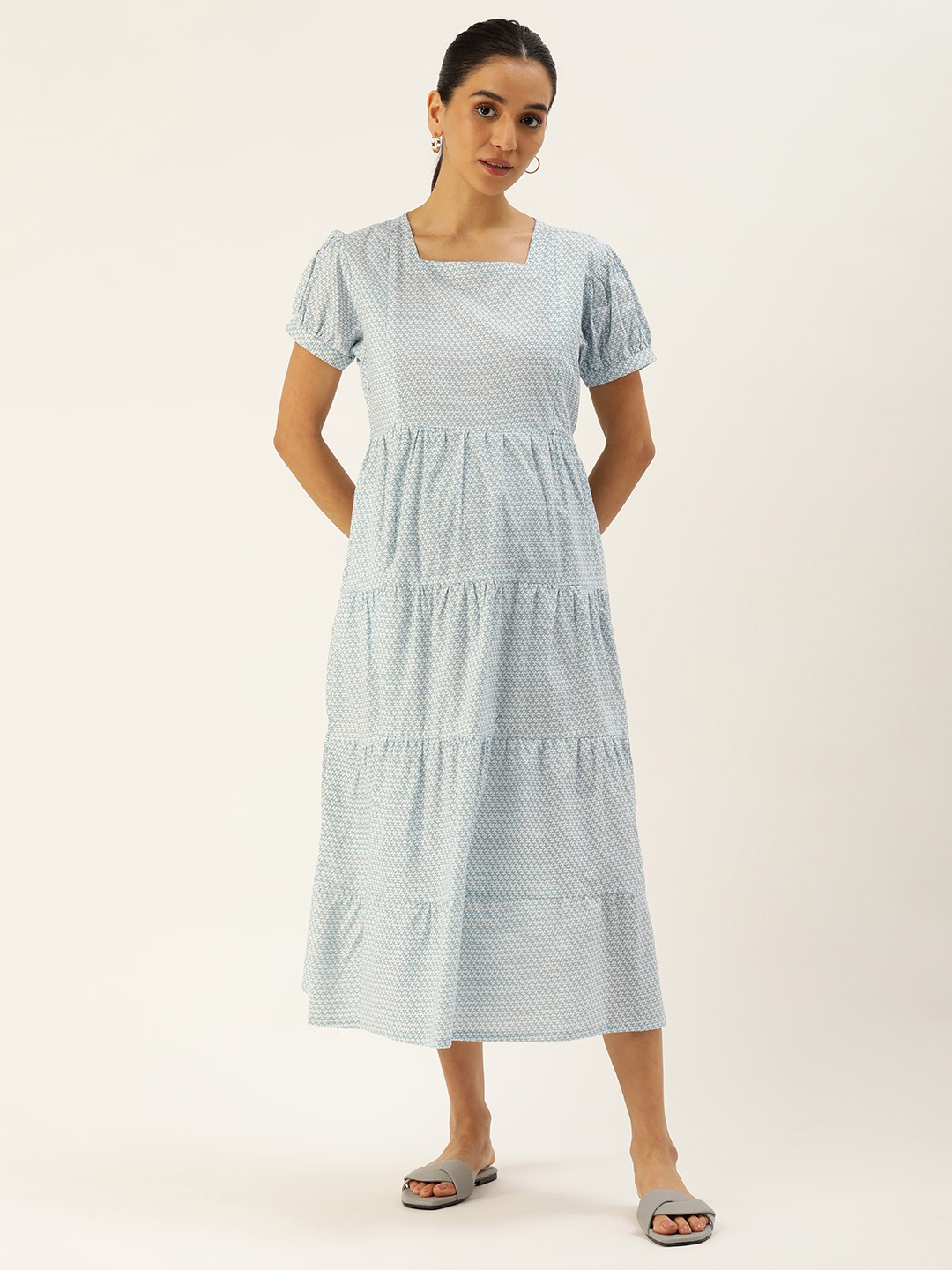 

Nejo Geometric Print Puff Sleeves Pure Cotton Maternity A-Line Midi Dress, Blue