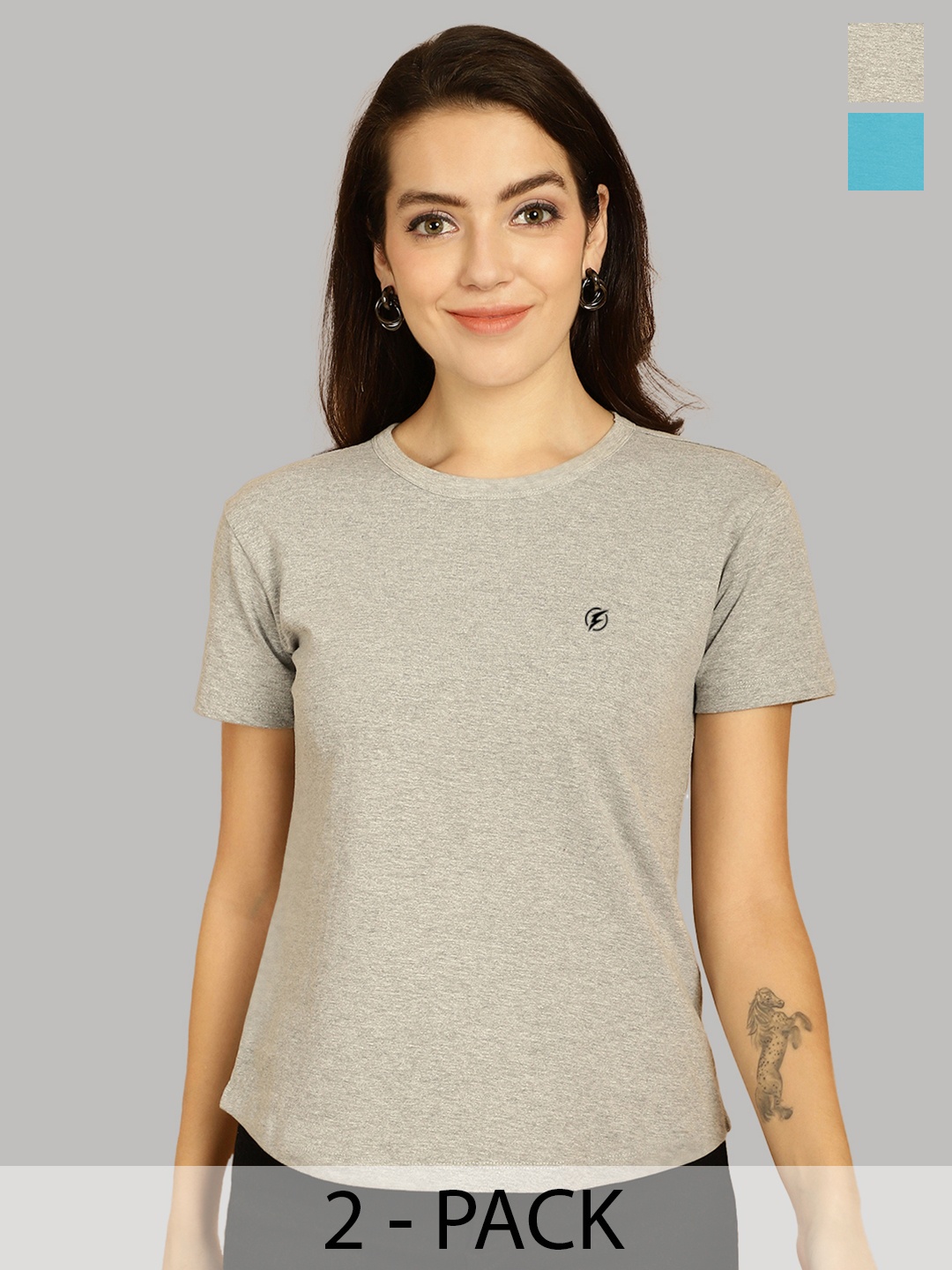 

Friskers Women Grey & Turquoise Blue 2 Slim Fit T-shirt