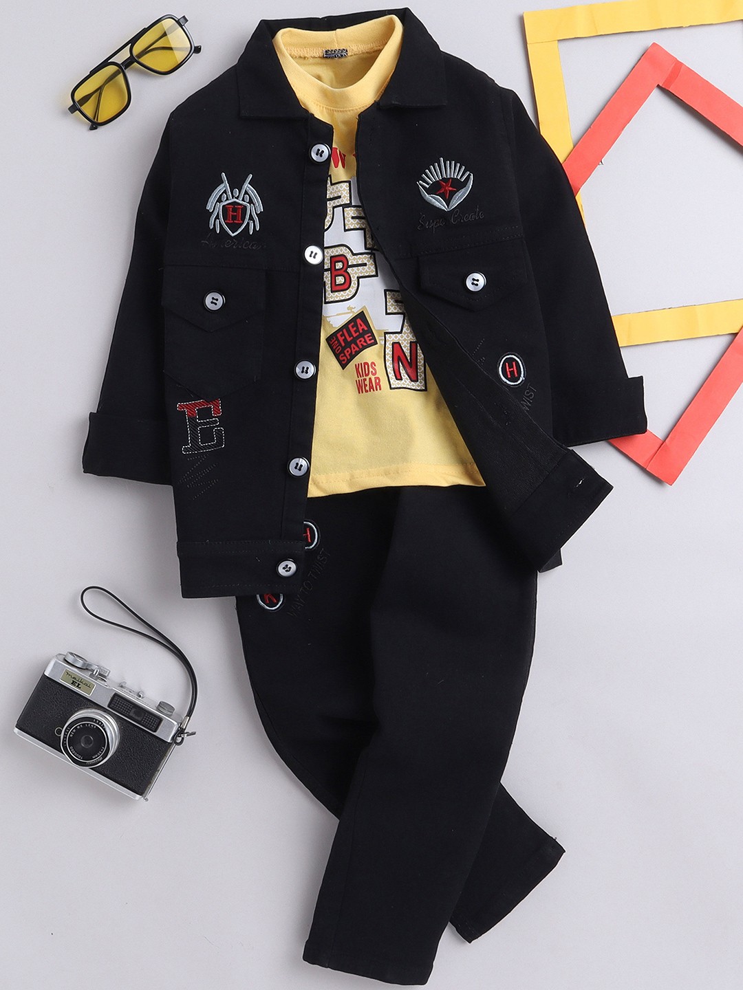 

BAESD Boys Printed T-shirt With Trousers & Shirt, Yellow
