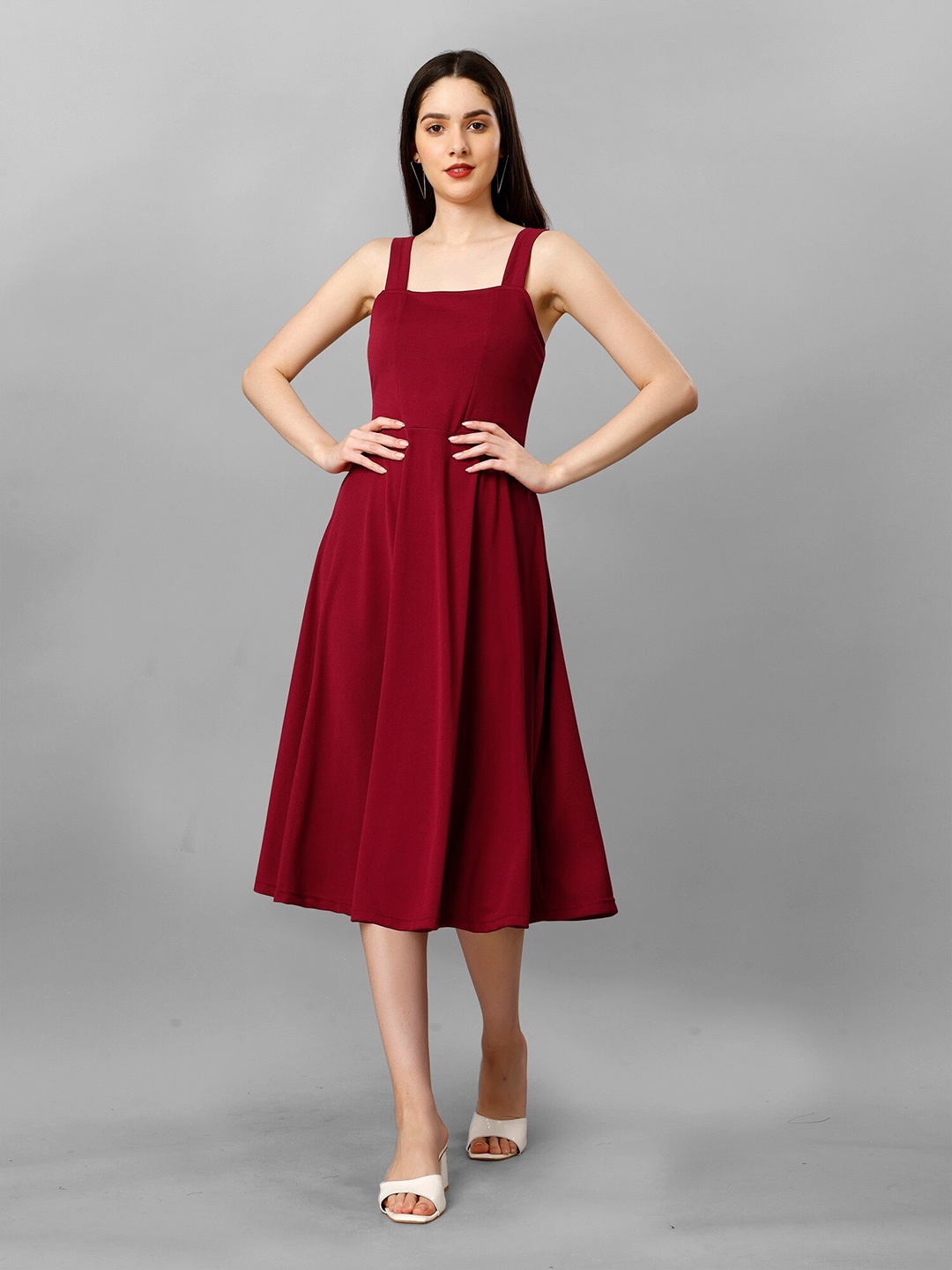 

BAESD Sleeveless Square Neck Fit and Flare Dress, Maroon