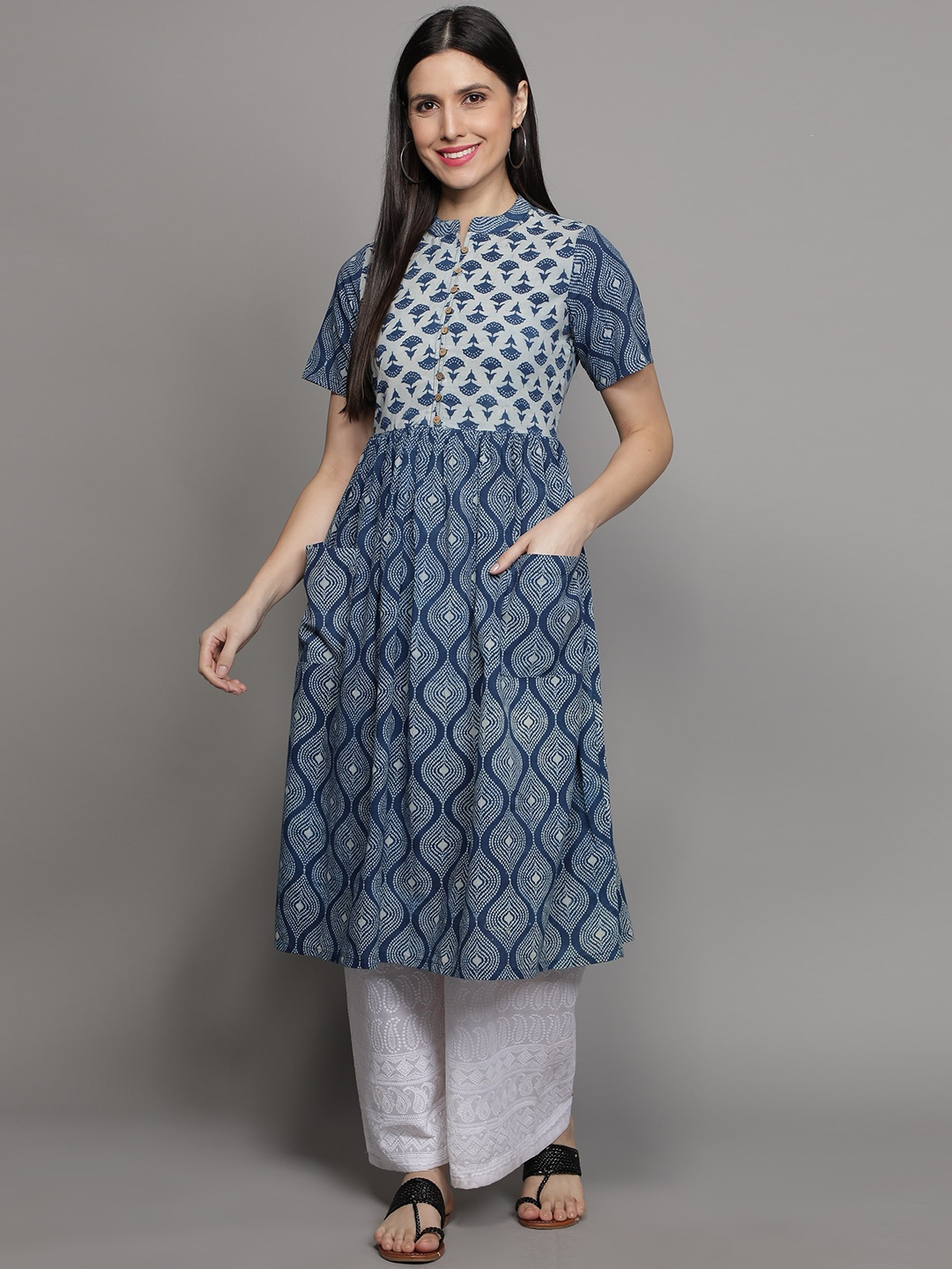 

Cot'N Soft Ethnic Motifs Printed Mandarin Collar Pleated A-Line Kurta, Blue