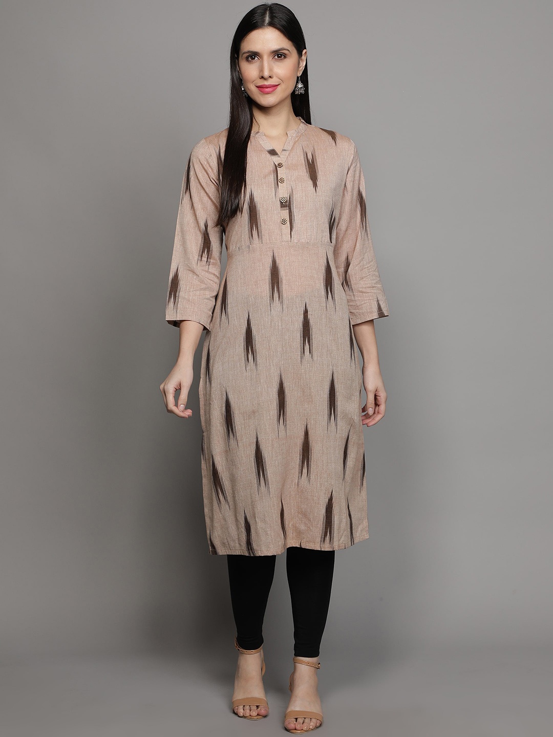 

Cot'N Soft Ethnic Motif Printed Mandarin Collar Cotton Straight Kurta, Beige