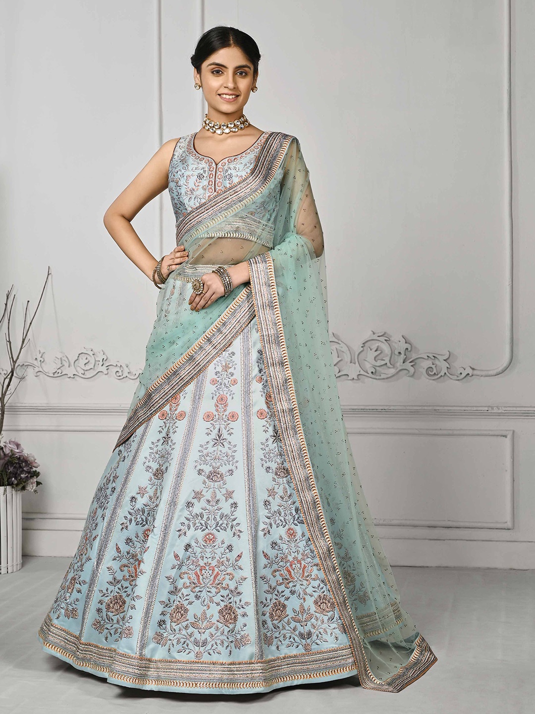 

SAPTRANGI Floral Embroidered Ready to Wear Lehenga & Blouse With Dupatta, Blue
