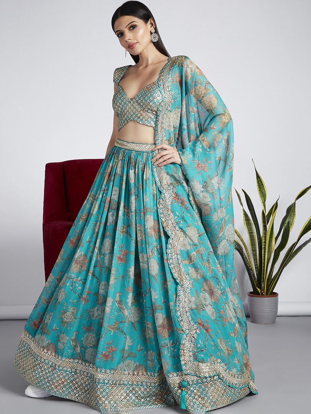 

panchhi Floral Printed Organza Semi-Stitched Lehenga & Unstitched Blouse With Dupatta, Sea green