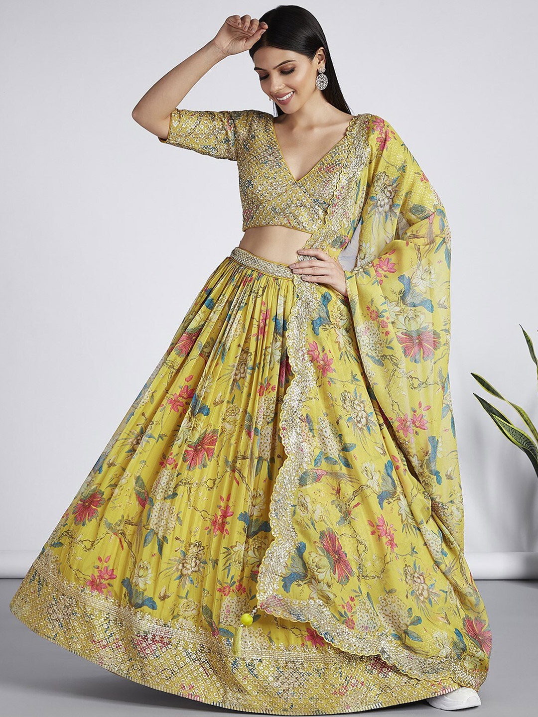 

panchhi Floral Printed Organza Semi-Stitched Lehenga & Unstitched Blouse With Dupatta, Yellow