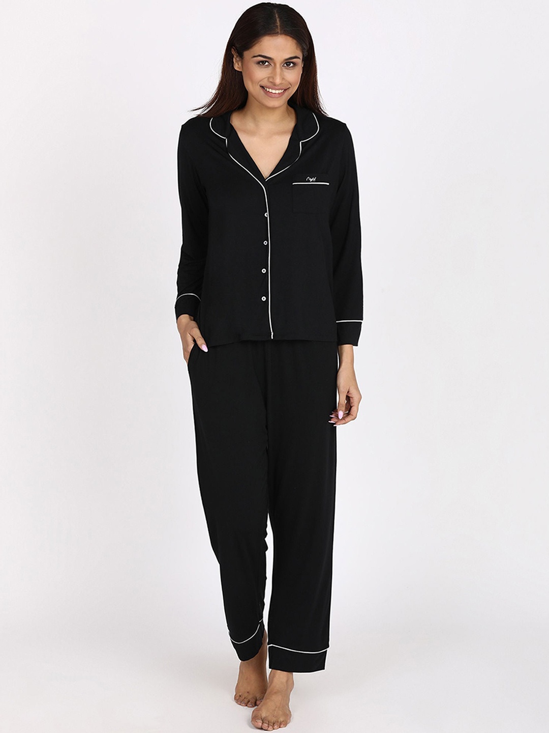 

Nykd Women Modal Button Down Pyjama Set, Black