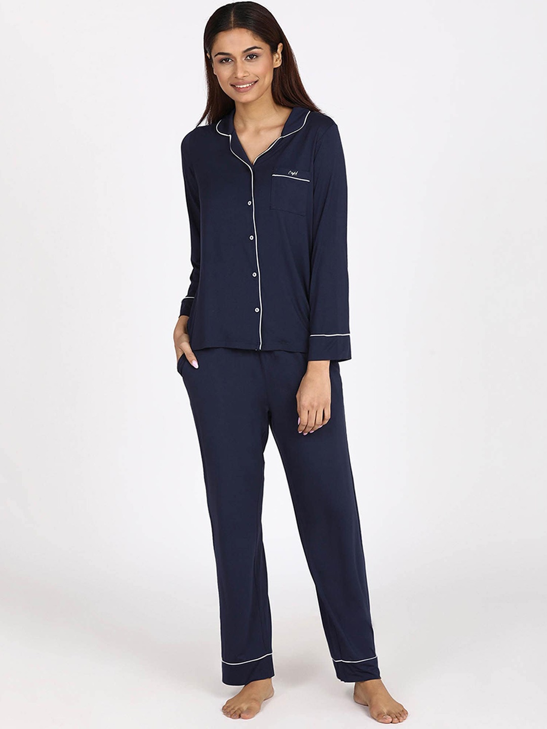 

Nykd Women Modal Button Down Pyjama Set, Navy blue