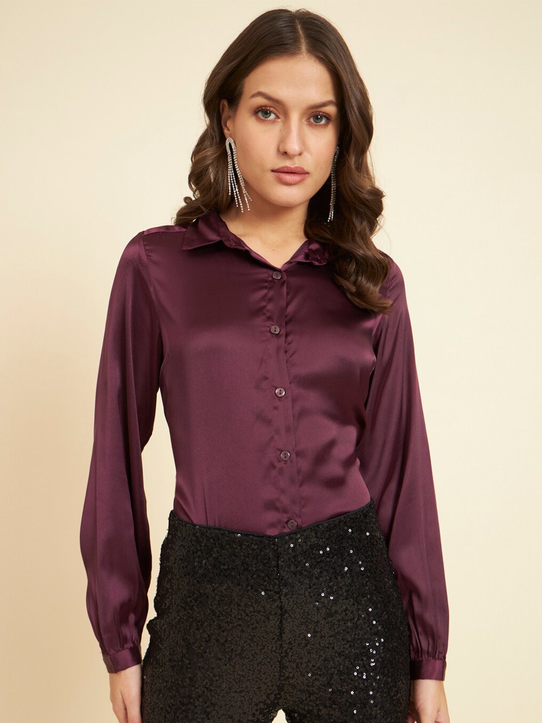 

HERE&NOW Burgundy Spread Collar Satin Casual Shirt