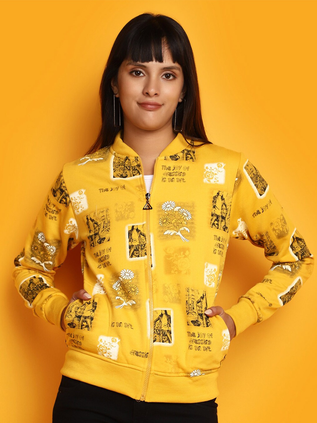 

V-Mart Conversational Printed Fleece Front Open Sweatshirt, Mustard
