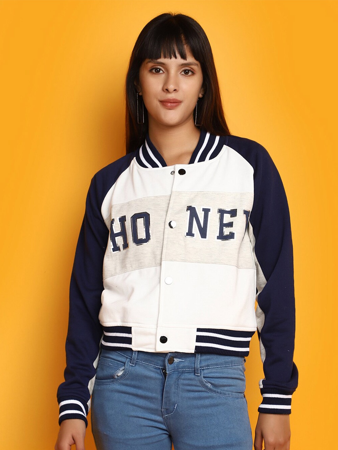 

V-Mart Typography Printed Fleece Crop Bomber Jacket, White