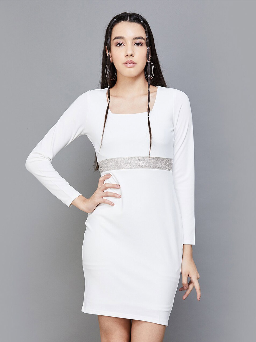 

Ginger by Lifestyle Square Neck Sequined Long Sleeves Sheath Dress, White