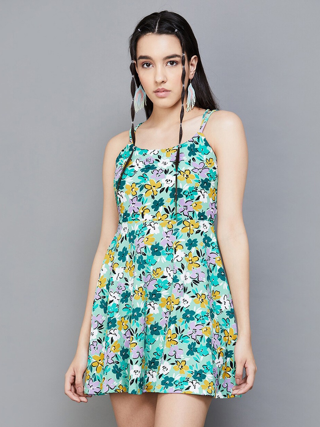 

Ginger by Lifestyle Floral Printed Shoulder Straps A-line Mini Dress, Green