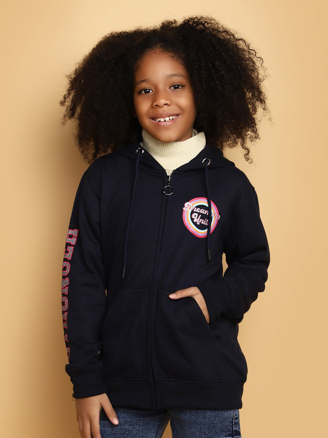 

V-Mart Girls Typography Printed Hooded Fleece Front-Open Sweatshirt, Navy blue