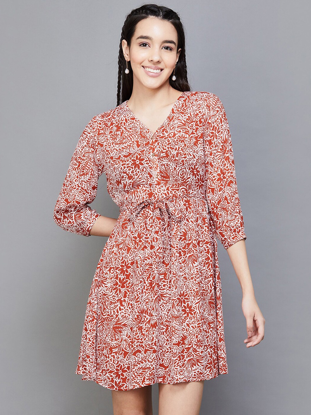 

Fame Forever by Lifestyle Floral Printed V-Neck Belted Mini A-Line Dress, Red
