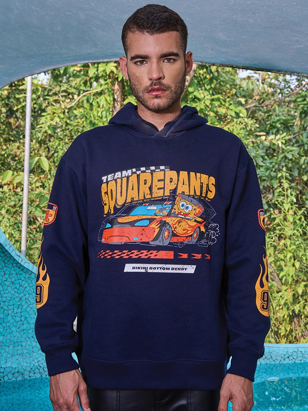 Bonkers Corner Sponge Bob Printed Hooded Long Sleeves Pullover, Navy blue
