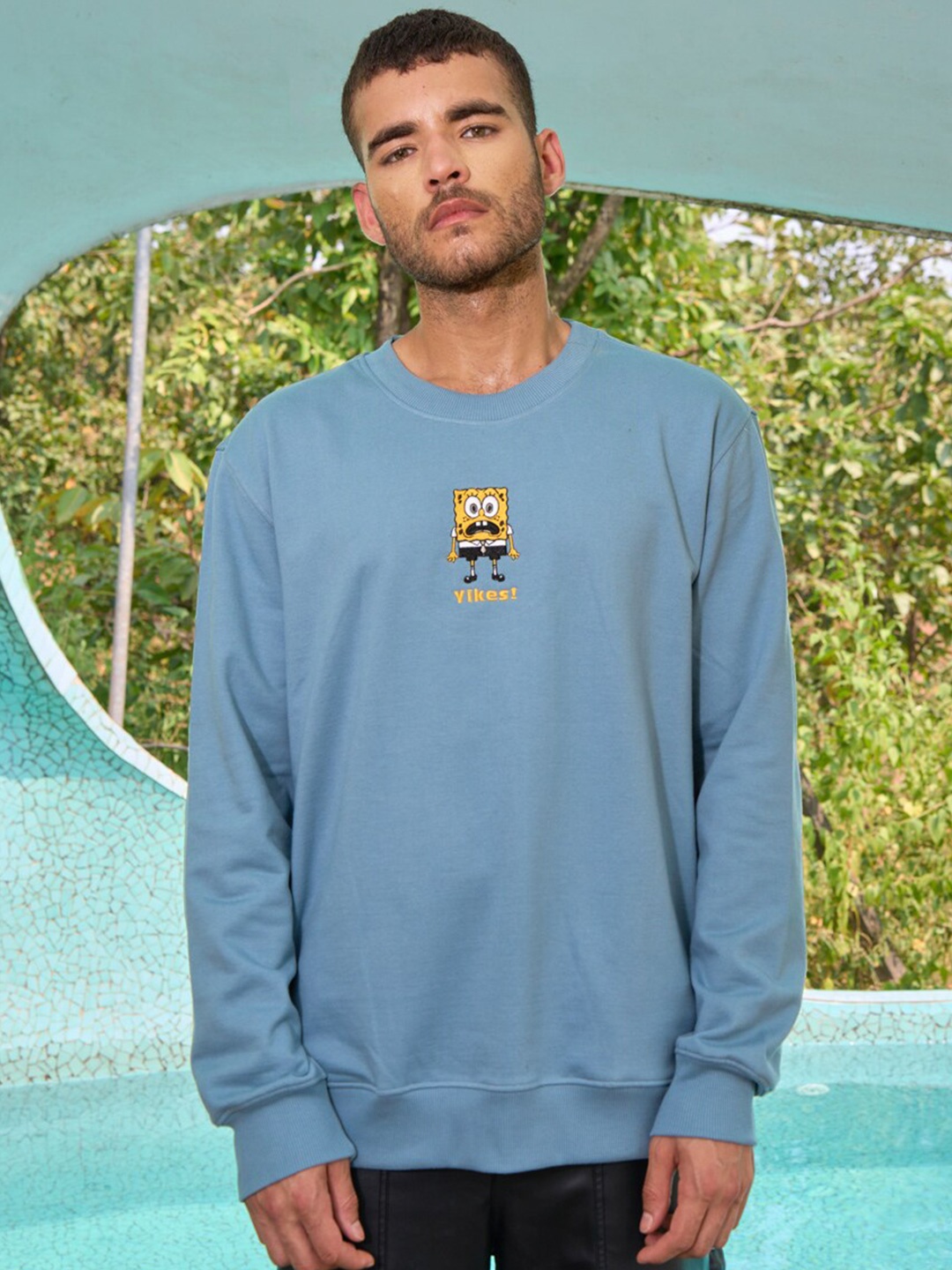 

Bonkers Corner Sponge Bob Embroidered Long Sleeves Oversized Pullover, Blue