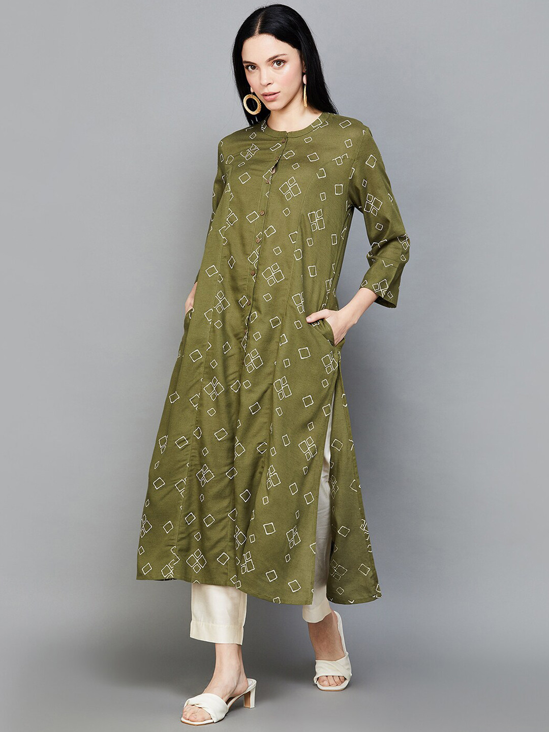 

Melange by Lifestyle Geometric Printed Band Collar Straight Kurta, Olive
