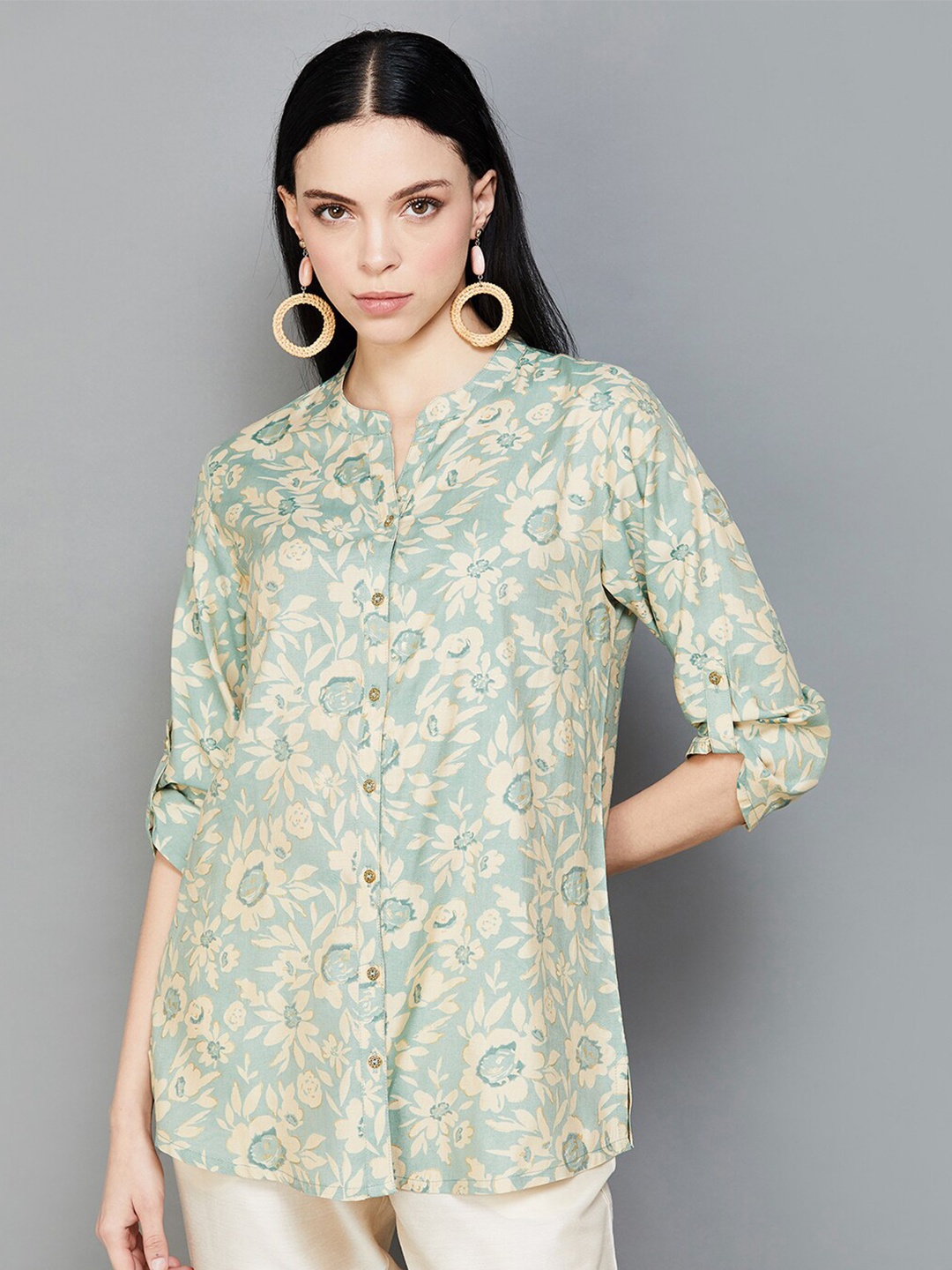 

Melange by Lifestyle Floral Printed Collarless Casual Shirt, Blue