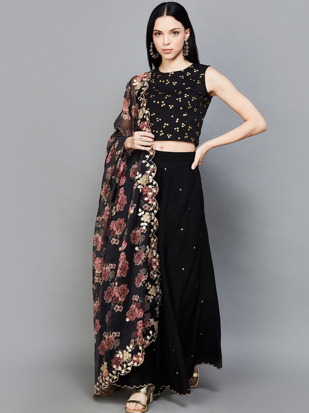 

Melange by Lifestyle Printed Ready To Wear Lehenga & Blouse With Dupatta, Black