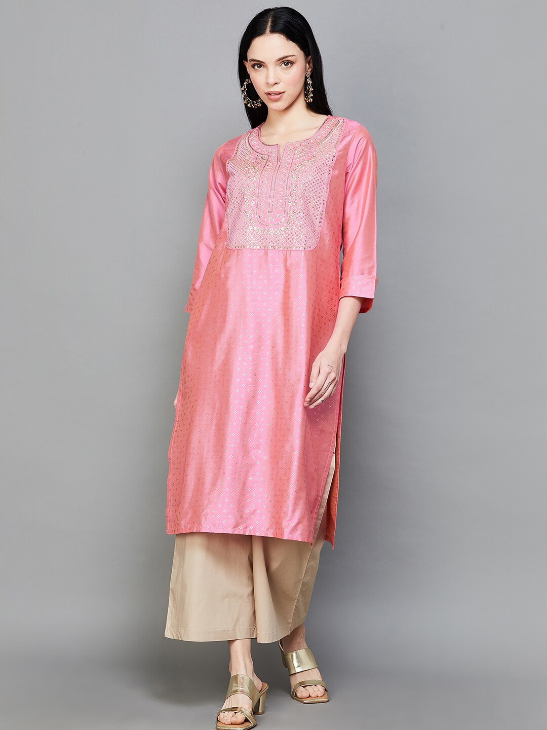 

Melange by Lifestyle Ethnic Motifs Yoke Design Thread Work Straight Kurta, Coral