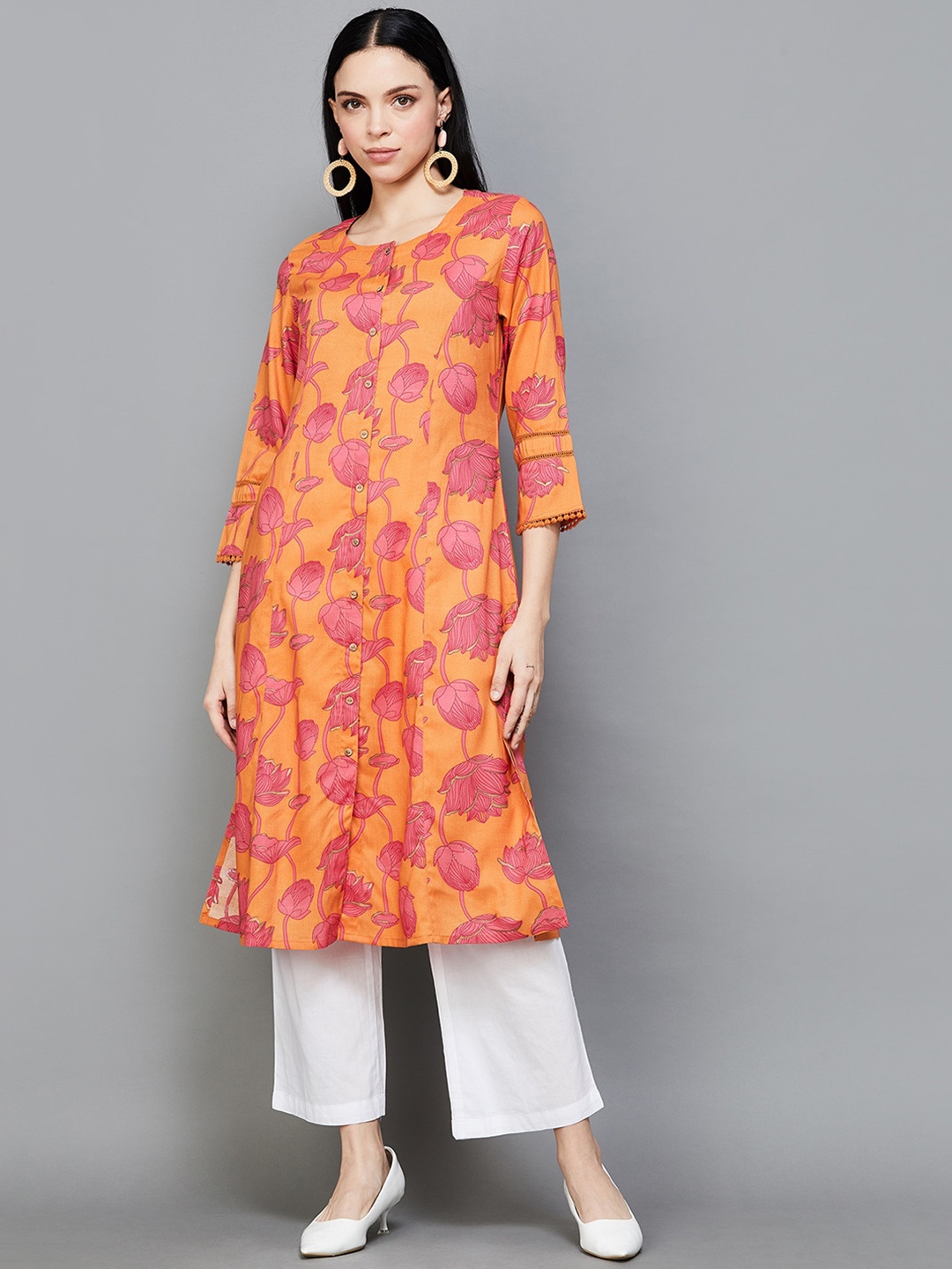 

Melange by Lifestyle Floral Printed Band Collar Straight Kurta, Orange