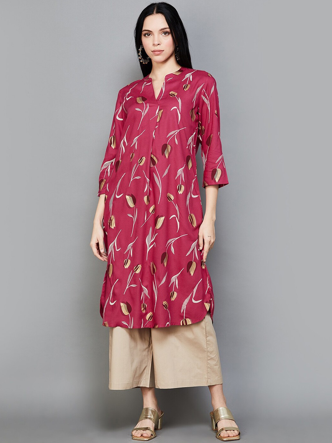 

Melange by Lifestyle FLoral Printed Mandarin Collar A-Line Kurta, Pink