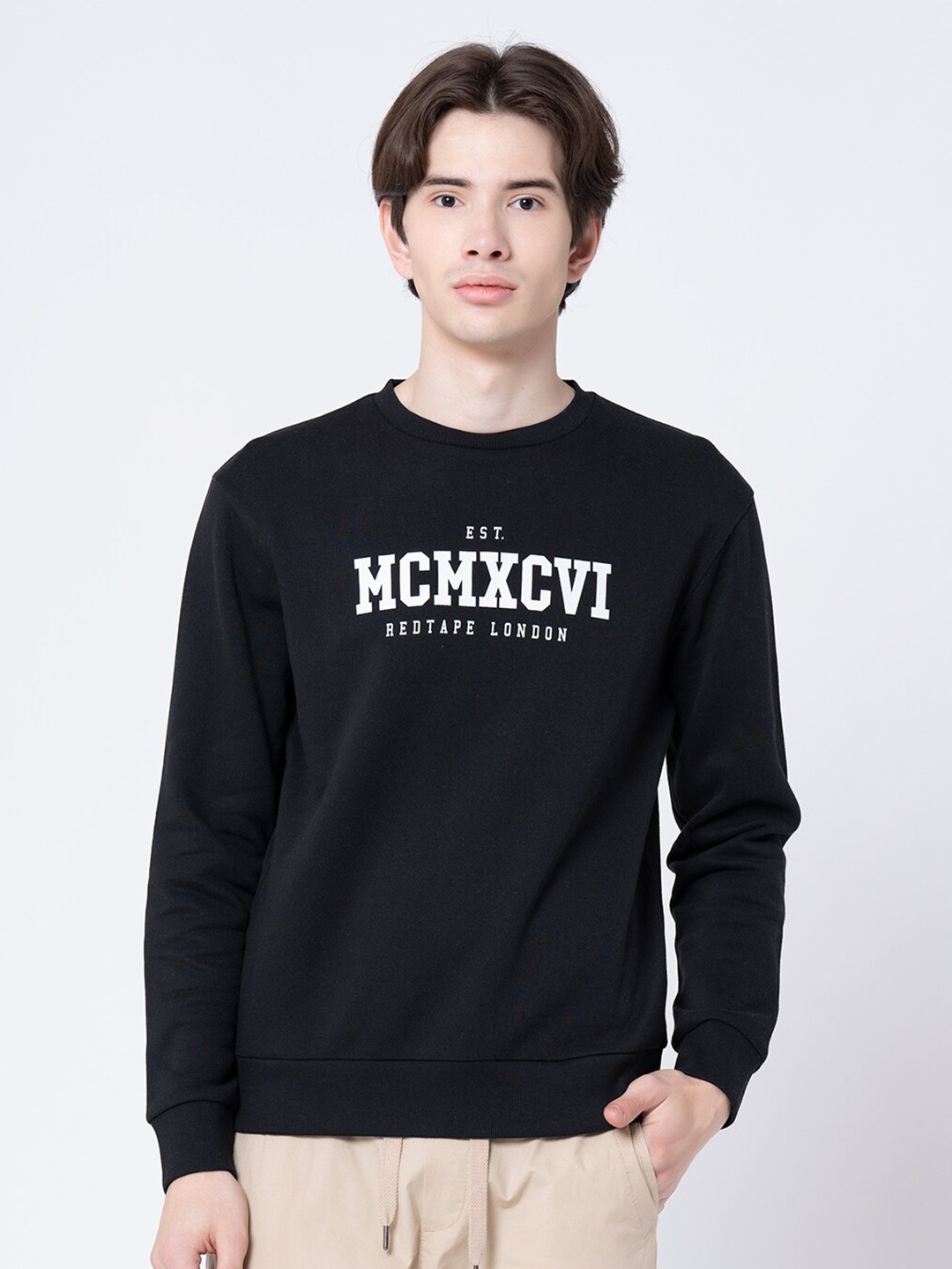 Red Tape Typography Printed Round Neck Cotton Pullover Sweatshirt, Black
