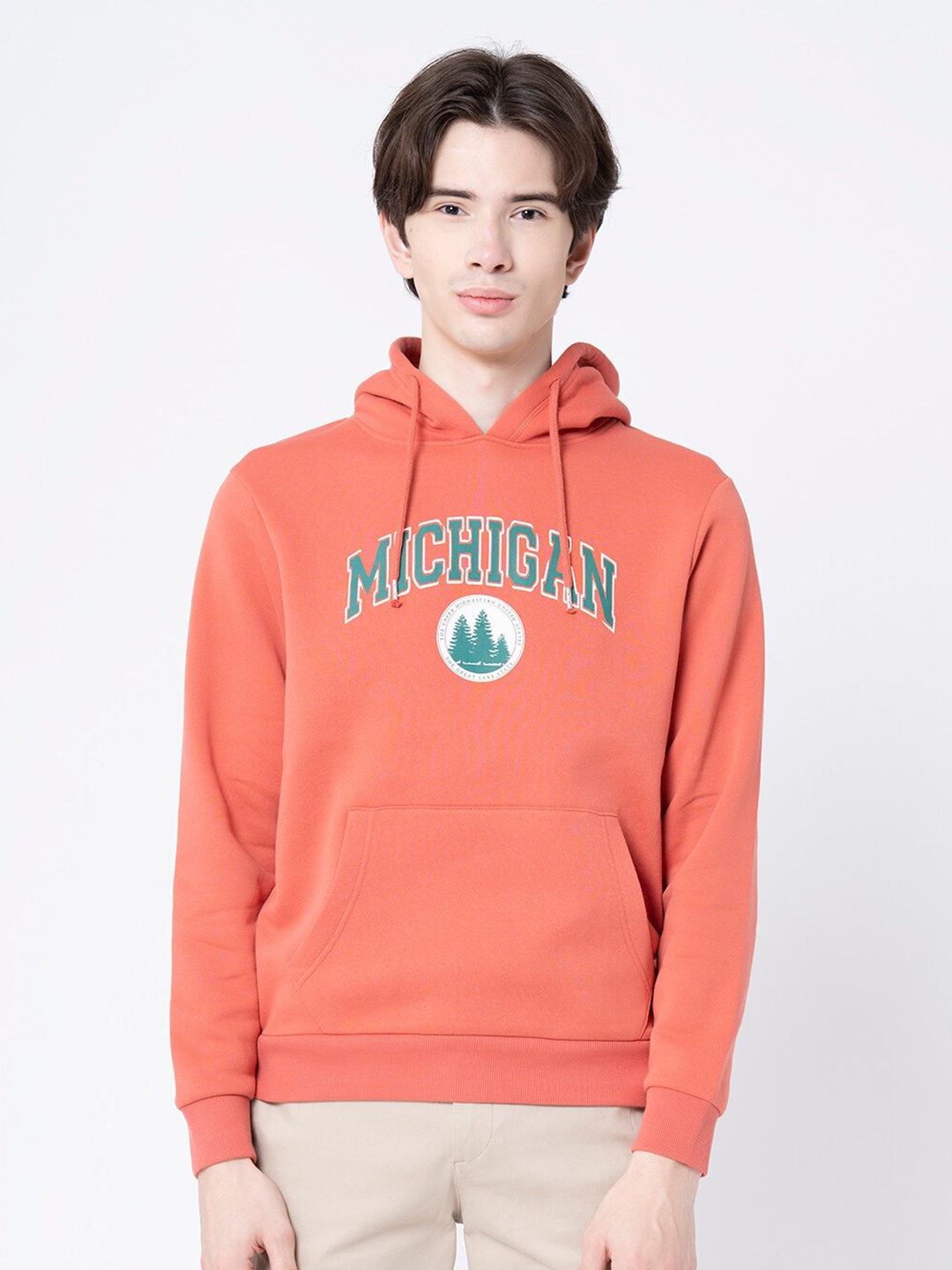 Red Tape Typography Printed Hooded Cotton Pullover Sweatshirt, Coral