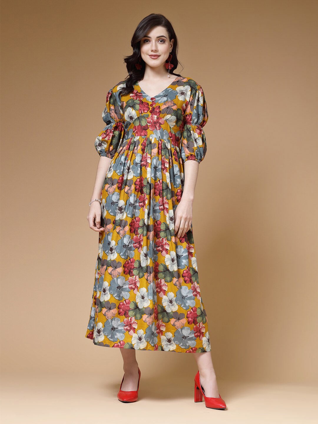 

Indibelle Floral Printed Puff Sleeve Empire Maxi Dress, Mustard